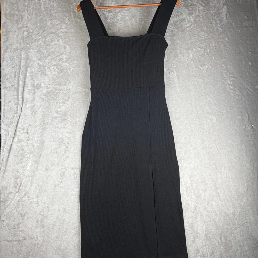 Reformation Black Cassi Ribbed Knit Square Neck Midi Dress Side Slit Womens